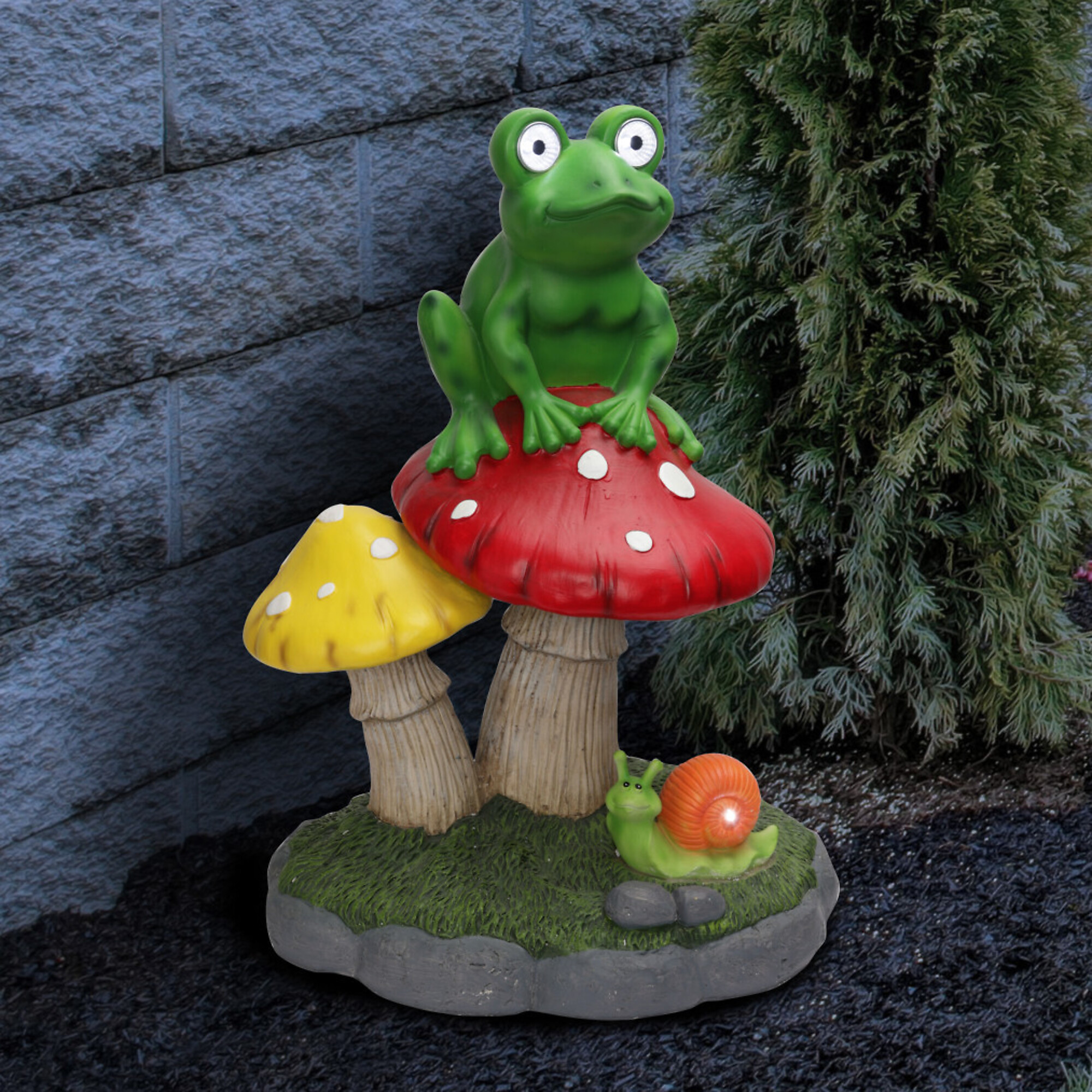 Alpine Corporation, Frog Sitting On Top of Mushroom Statue Solar, Model# ZEN390SLR-L